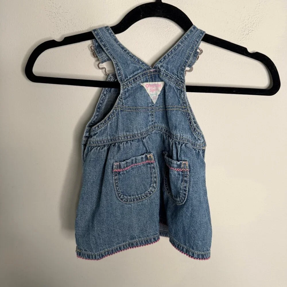 OshKosh B'Gosh Girls Blue Denim Floral Front Pocket Skirt Dress Overalls vintage